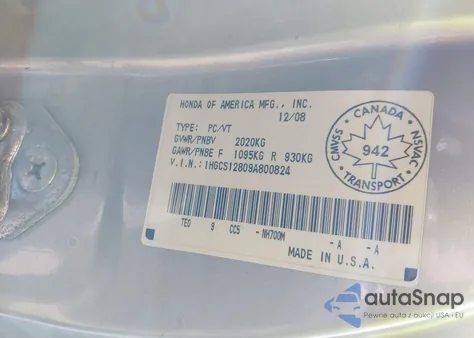 2009 Honda Accord 2.4 Ex-L z USA, uszkodzony, nr VIN 1HGCS12809A800824